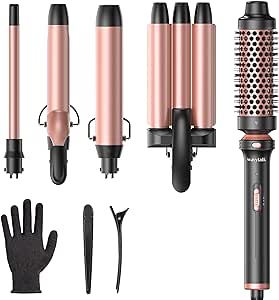 Wavytalk 5 in 1 Curling Wand Set, Dual Voltage Curling Iron Set with 5 Interchangeable Barrels Included A Thermal brush, A Hair Crimper and 3 Ceramic Curling Wands(0.5"-1.25"), Rose Pink