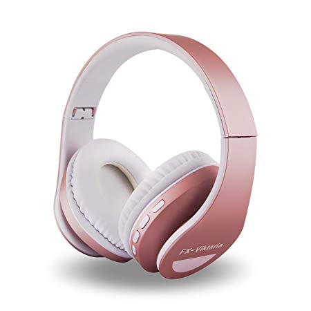 FX-Viktaria Over Ear Headphones, Headset with Microphone, Foldable and Lightweight, Support TF Card, USB Charging Headset, MP3 Mode and FM Radio for Cellphones, Laptop- Rose Gold