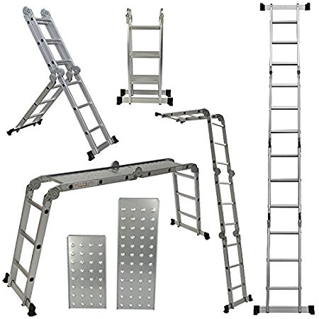 ARKSEN 12.5FT Aluminum Ladder EN131 Platform Multi-Purpose extension Folding Multi-Task Light Weight (w/ 2 FREE Plate)