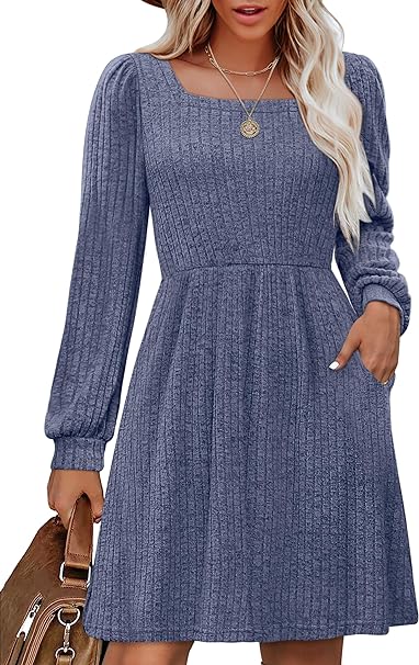 OFEEFAN Womens Knit Dress with Pockets Square Neck Long Sleeve Knee Length Dresses