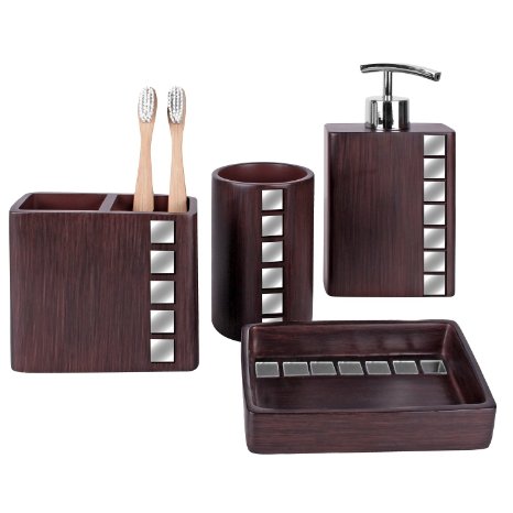 Creative Scents Marquee Bath Ensemble 4 Piece Bathroom Accessories Set Marquee Collection Bath Set Features Soap Dispenser Toothbrush Holder Tumbler Soap Dish - Accented with Small Square Mirrors
