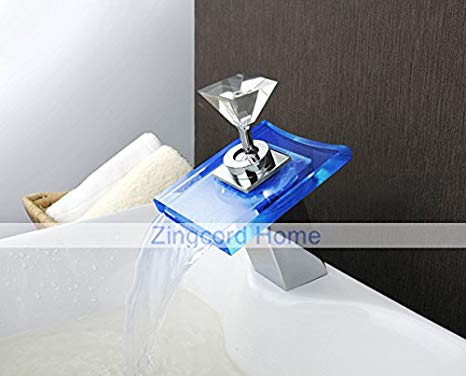 Zingcord Brand Waterfall Chrome Finish Single Handle Glass Spout Contemporary LED Color Changing Bathroom Sink Faucet