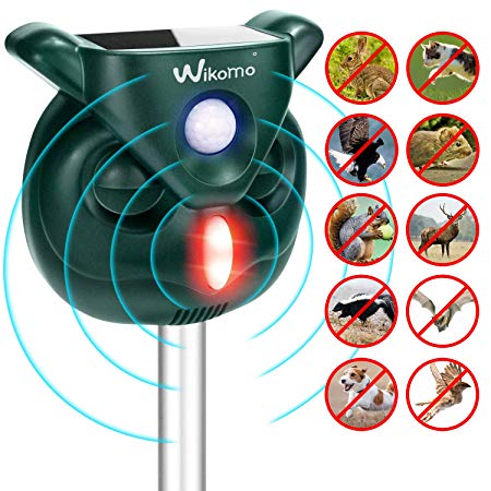 wikomo Ultrasonic Animal Repeller, Solar Powered Waterproof Outdoor with Ultrasonic Sound, Motion PIR Sensor and Flashing Light for Cats, Dogs, Squirrels, Moles, Rats