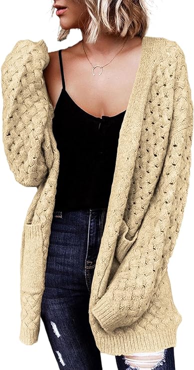 Dokotoo Women's 2023 Fashion Casual Open Front Long Sleeve Chunky Cable Knit Cardigans Sweaters Outerwear Coats with Pockets