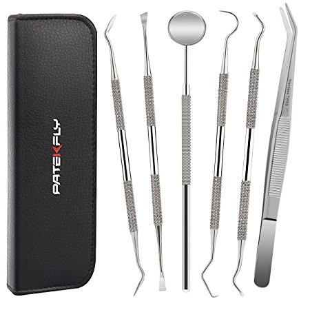 Dental Tools,Patekfly Stainless Steel Oral Care Kit Set-6 Pcs With Dental Mouth Mirror, Tweezer, Probe, Hoe Shape Tooth Scraper,Sickle Shape Tooth Scraper For Personal Oral Care & Pet Use