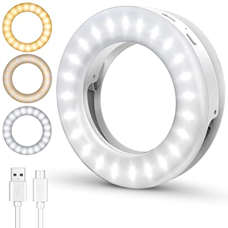 【2020 Upgraded】Selfie Ring Light, ELEGIANT Rechargeable Portable Clip-on Fill Light with 40 LED 4 Colors Mode Adjustable Brightness Mini Ring Light for Photography, Camera Video, Makes up, White