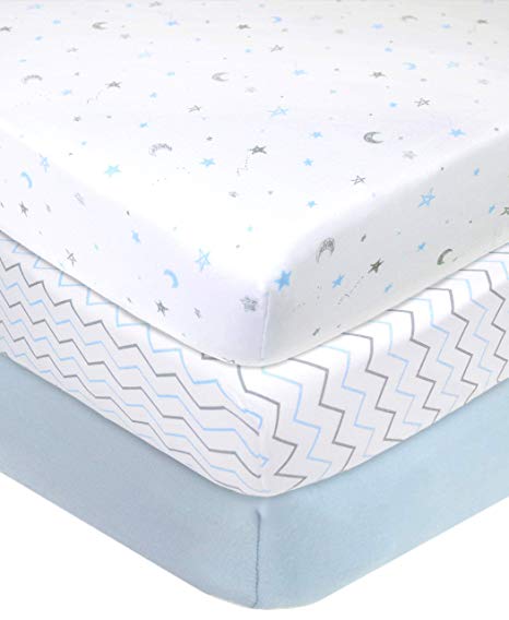 American Baby Company American Baby Company 3 Piece 100% Natural Cotton Value Jersey Knit Fitted Portable/Mini-Crib Sheet, Blue Star/Zigzag, 24" x 38" x 5", Soft Breathable, for Boys and Girls