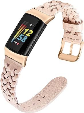 TRUMiRR Band for Fitbit Charge 6 / Charge 5 Women, Braided Pink Rose Gold Leather Bands Feminine Dressy Strap for Fitbit Charge 6 / Charge 5