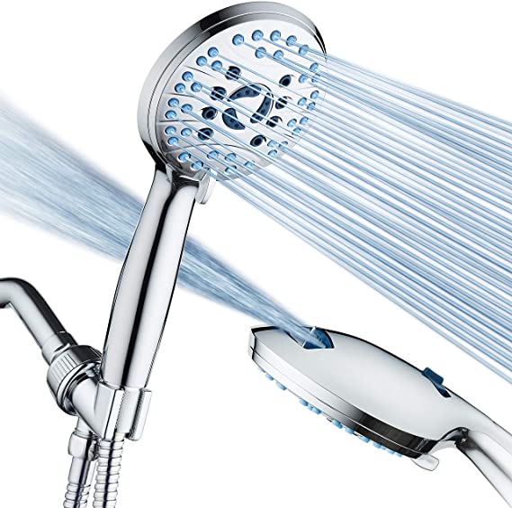 AquaCare AS-SEEN-ON-TV High Pressure 8-mode Handheld Shower Head - Anti-clog Nozzles, Built-in Power Wash to Clean Tub, Tile & Pets, Extra Long 6 ft. Stainless Steel Hose, Wall & Overhead Brackets