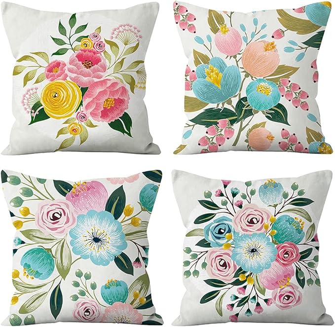TongXi Colourful Flowers Pattern Square Decorative Throw Pillow Case Cushion Covers Outdoor Pillowcase for Sofa18 x 18 inches Pack of 4
