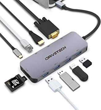 MacBook Pro USB C Hub - iDRiVETECH 10-in-1 - Compatible Other Type C Laptops - USB C to HDMI, USB C to USB 3.0, USB C to Ethernet, USB C to 3.5mm, USB C SD Card Reader, USB C to VGA