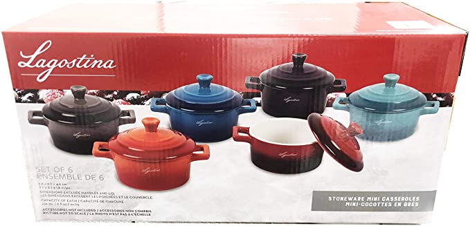 Colorful Stoneware Mini Casserole Pots With Lids - Set of Six