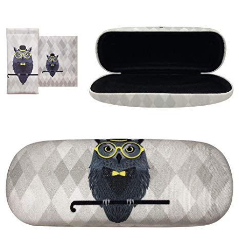 Yulan Hard Shell Eyeglasses Case, Owl Elk Fabric Print Large Sunglasses Case (Includes Glasses Pouch) Cute