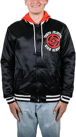 Bioworld Jujutsu Kaisen TJHS Logo Men's Navy Hooded Satin Bomber Jacket