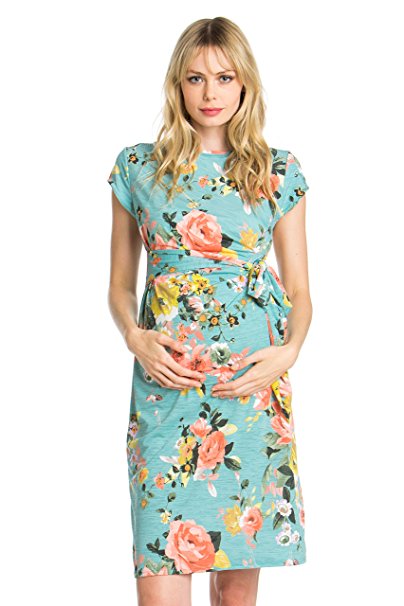 My Bump Women's Side Bow Tie Pattern Cap Sleeve Maternity Dress(Made in USA)