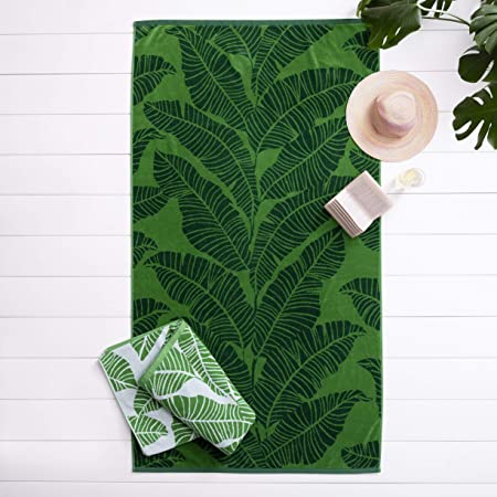 Welhome Jacquard Beach Towel - Set of 2-100% Turkish Cotton - Oversize Towels 40"x72" - Pool & Beach - Supersoft - Ultra Absorbent - Quick Dry - 450 GSM - Banana Leaves - White Green