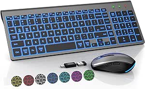 SABLUTE Wireless Keyboard and Mouse Combo Backlit - Compact Quiet Keyboard with RGB Mouse, Rechargeable, Slim, Sleep Mode, Portable Cordless Keyboard Mouse Set for Mac, Windows, Laptop (Space Gray)