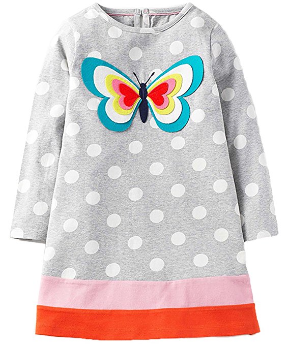 Fiream Girls Cotton Longsleeve Casual Dresses Applique Cartoon