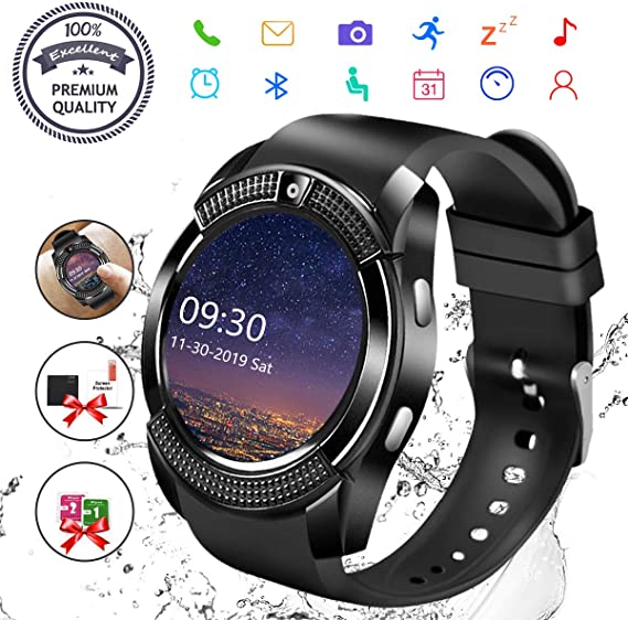 Smart Watch, Bluetooth Smartwatch Touch Screen Wrist Watch with Camera/SIM Card Slot,Waterproof Smart Watch Sports Fitness Tracker Android Phone Watch Compatible with Android Phones Samsung Huawei