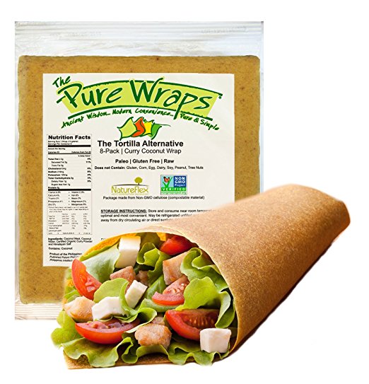 Paleo Coconut Wraps, (8 Count), Gluten Free, Vegan, Curry Flavor -- The Pure Wraps
