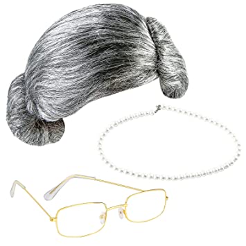 Cooraby 3 Pieces 100 Days of School Grey Old Lady Wig Grandma Wig Granny Glasses Artificial Pearl Necklace Halloween Fancy Granny Costume Set