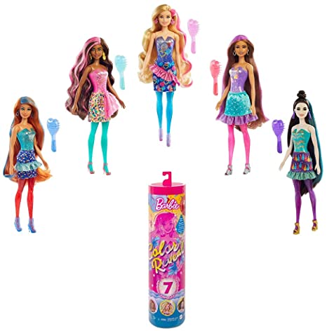 Barbie Color Reveal Doll with 7 Surprises: 4 Bags Contain Skirt, Shoes, Earrings & Brush; Water Reveals Confetti-Print; Doll’s Look & Color Change on Hair & Face; Party Series