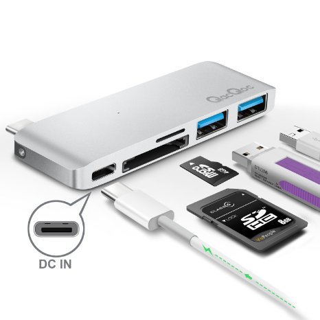 QacQoc Premium Type-C Hub with Power Delivery 2 superspeed USB 30 ports 1 SD memory port 1 microSD memory port card reader for MacBook 12-Inch Aluminum Alloy Build Sliver