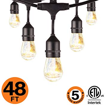 OOOLED 48-Foot Outdoor Weatherproof Commercial Grade String Lights with 16 Hanging Sockets- 18 11W S14 Incandescent Bulbs Included-Perfect Patio Lights & Party Lights-Black