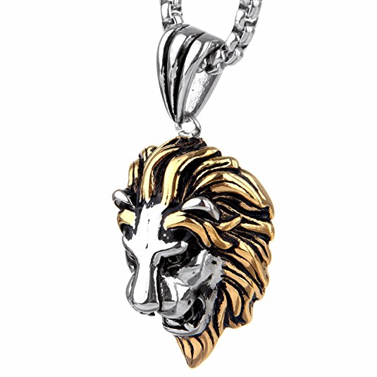 COPAUL Jewelry Punk Men's Stainless Steel Animal Lion Head Shape Pendant Necklace,Three Colors