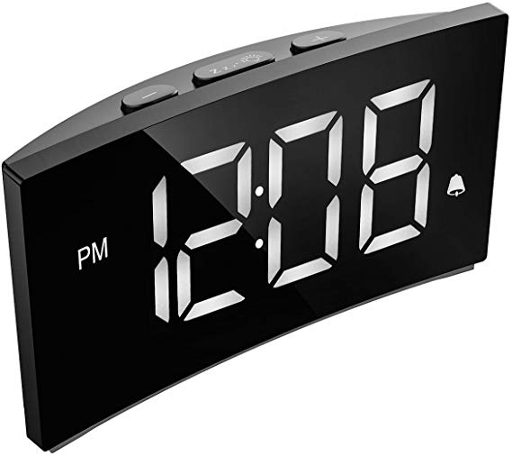 PICTEK Digital Alarm Clock, 5" Curved Dimmable LED Screen, Digital Alarm Clock with Ultra-Clear White Large Number, 6 Brightness, Snooze, 12/24H, Alarm Clock for Bedroom Office, White (NO Adapter)