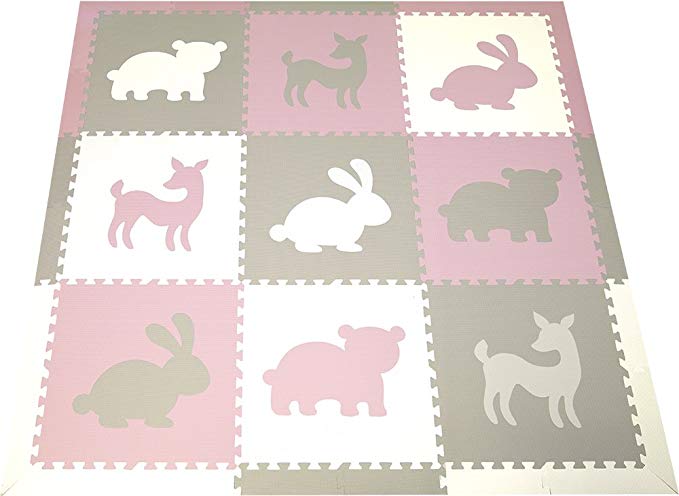 Foam Play Mat- SoftTiles Woodland Animals Kids Playmat- Nontoxic Interlocking Foam Floor Tiles for Children's Playrooms and Baby Nursery 6.5'x6.5' (Light Pink, Light Gray, White) SCWOOWCH