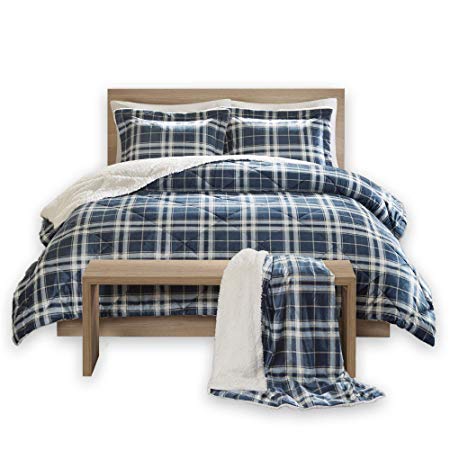 Comfort Spaces - Aaron Sherpa Comforter Set   Throw Combo - 4 Piece - Checker Plaid Pattern - Navy, Blue - Full/Queen Size - Ultra Softy, Fluffy, Warm - Includes 1 Comforter, 2 Shams, 1 Throw