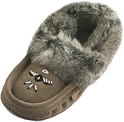 Laurentian Chief Moccasin Slippers for Women – Comfortable Slippers with Real Fur Trim and Soft Faux Lining – Canada Quality Beaded Style Warmie Slippers for Indoor Use