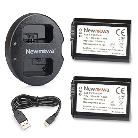 Newmowa NP-FW50 Battery (2 pack) and Dual USB Charger for Sony FW50 and Sony Alpha a3000, Alpha a5000, Alpha a6000, a6300, a6500, Alpha 7, a7,Alpha 7R, a7R, Alpha 7S, a7S, NEX-3, NEX-3N, NEX-5, NEX-5N, NEX-5R, NEX-5T, NEX-6, NEX-7, NEX-C3, NEX-F3, SLT-A33, SLT-A35, SLT-A37, SLT-A55V, Cyber-shot DSC-RX10