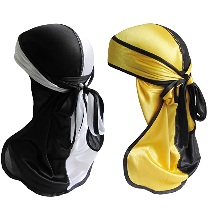 Durags for Men Silky 360 Wave Caps with Long Tail Two Tone Silk Durag Pack 2 PCS (Black and Yellow)