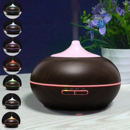 Essential Oil Aromatherapy Diffuser by Eineo. 300ml Ultrasonic Quiet Cool Mist Humidifier with 12 Color LED Lights, 4 Timer Settings with Auto Shut-Off. For Home, Spa and Office (Dark Wood Grain).