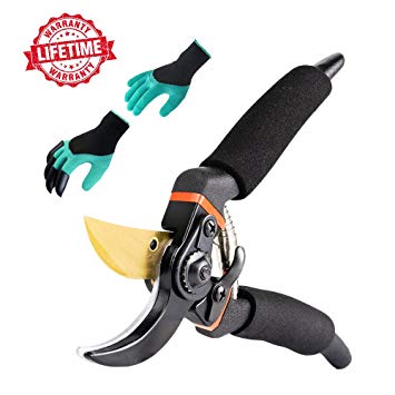 Sangabery Professional Garden Shears, Garden Clippers, Premium Titanium Bypass Pruning Shears with Fingertips Claws Gloves,Hand Pruner, Black