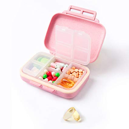 XINHOME Travel Pill Organizer- Prescription & Medication Reminder Pill Box, Portable Pocket Pill Case, 6 Compartments Travel Vitamin Organizer, Pill Container Dispenser Case (Pink)