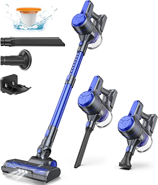 EICOBOT Cordless Vacuum Cleaner, 6 in 1 Lightweight Stick Vacuum with 20Kpa Powerful Suction Max 30 Mins Runtime Detachable Battery,for Pet Hair Hard Floor Carpet A10 Blue