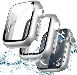 JETech Waterproof Case with Screen Protector for Apple Watch Series 9 8 7 41mm, Built-in Tempered Glass Film Hard PC Bumper Full Protective Cover, 2 Pack (Silver)