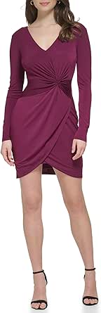 GUESS Women's Knot Detail Fitted Long Sleeve V-Neck Dress