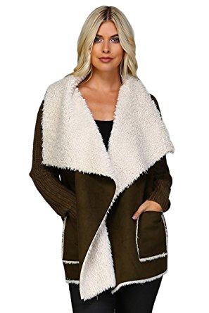 ARIS Ultra Soft Cozy Chic Shearling Sherpa Faux Suede & Knit Cardigan Sweater Bundle: Jacket & Storage Bag
