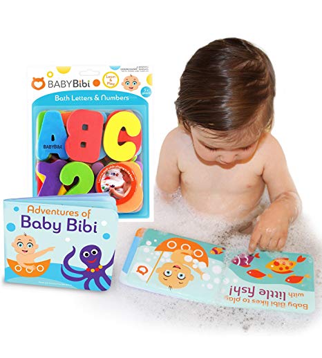 Bath Toys Set: 36-Piece Set Stick-On Foam Letters & Numbers   Floating Kids Book for Bathtub by Baby Bibi. Waterproof Educational Toy for Baby or Toddler. Bath Time Learn & Play.