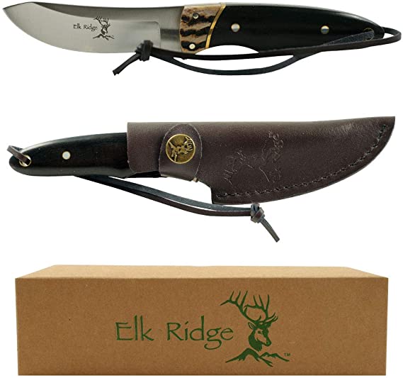 Elk Ridge Trademark Stainless Steel Hunting Knife with Leather Sheath Knives, Black