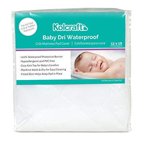 Kolcraft Baby Dri Waterproof Crib and Toddler Fitted Mattress Pad Cover and protector, Soft, Breathable and hypoallergenic, Preshrunk, Machine washable, White, 52" x 28"