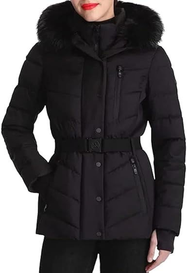 Michael Michael Kors Women's Faux Fur Hooded Puffer Scuba Belted Coat Jacket Black