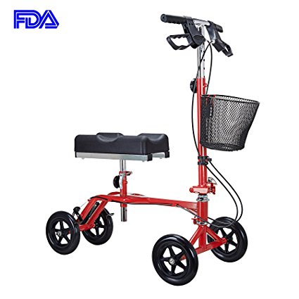 CO-Z Steerable Foldable Knee Walker Rover Scooter - Double Brakes Handle with Basket (Red)