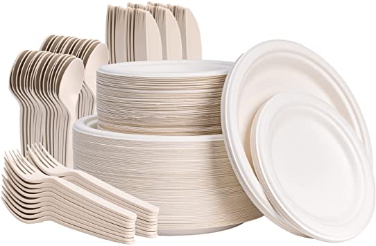 250Pcs Set Disposable Paper Plates Compostable Sugarcane Fiber Plate Biodegradable Soak Proof for Daily meals, Parties, BBQ 7" plates-50, 9" plates-50, Forks-50, Knives-50, Spoons-50(250Pcs Set)