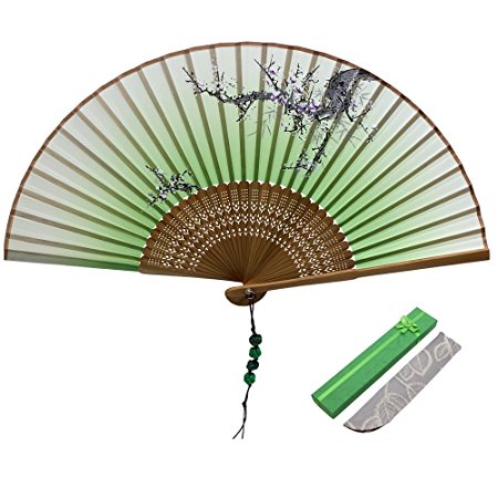 Jsswb Green Handmade Silk Bamboo Folding Fan with Plum Flowers Painting