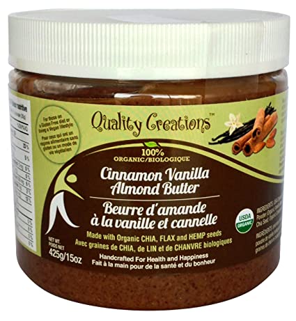 Almond Butter 100% Organic. Keto - 7 grams of Protein. Low Sugar. Enhanced with Chia, Flax and Hemp. Flavored with Cinnamon Vanilla. Very Spreadable and So Creamy. Fresh Made Small Batches 425g/15oz.